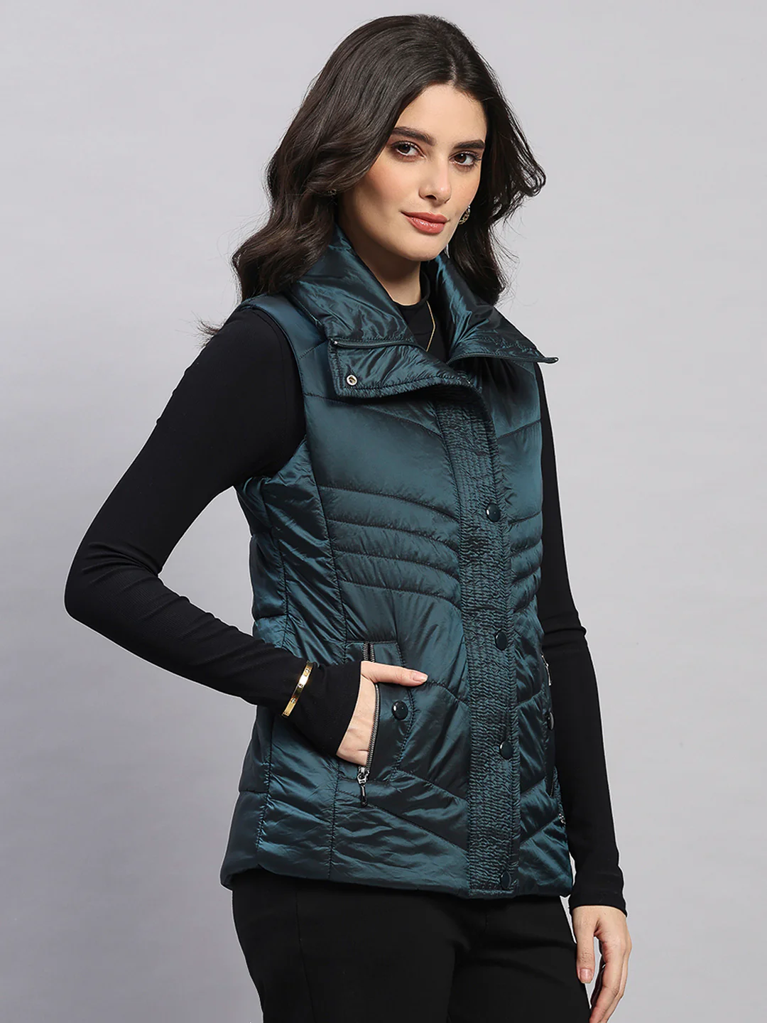 Women Teal Blue Self Design Collar Sleeveless Jacket - Image 4