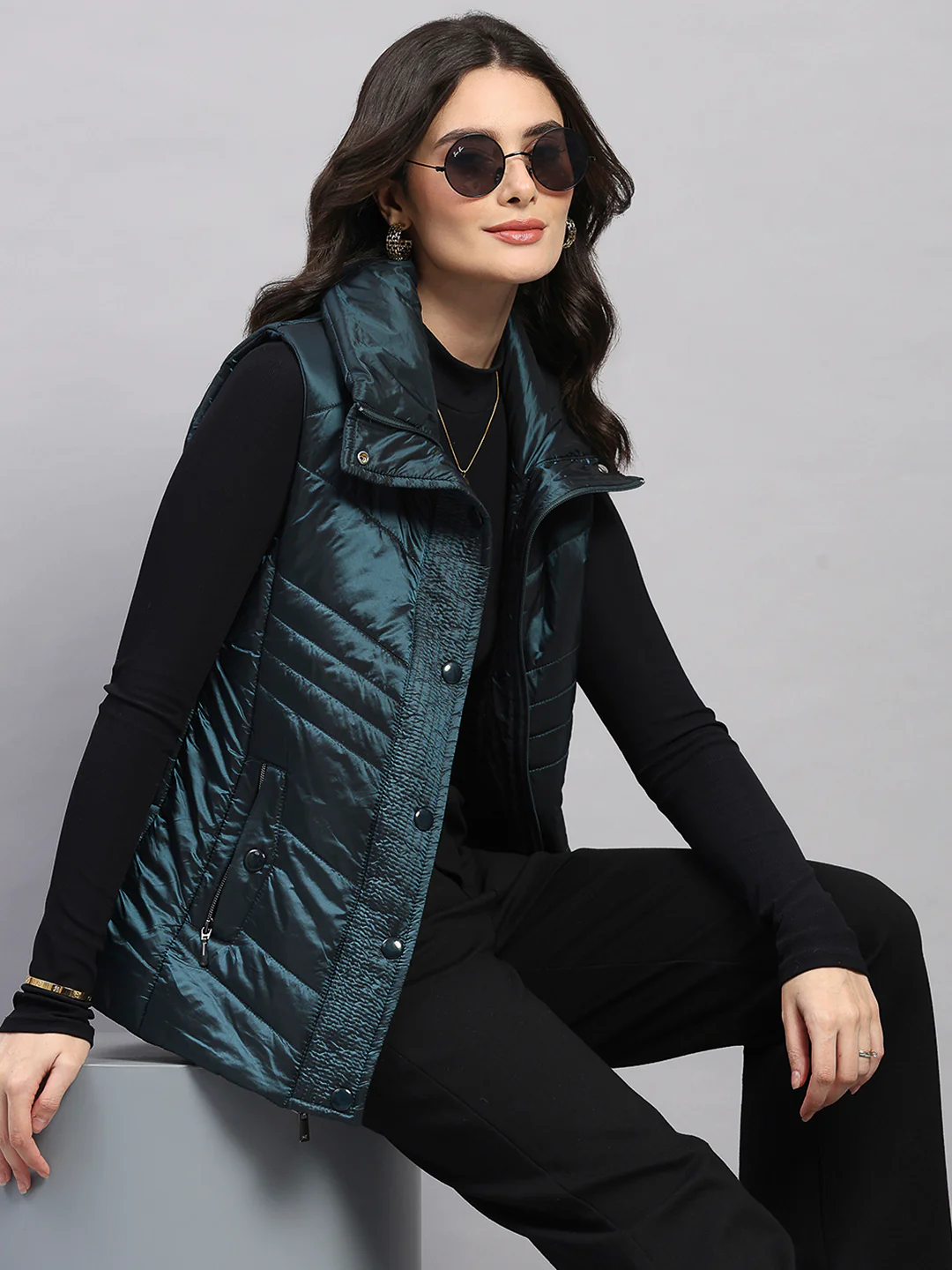Women Teal Blue Self Design Collar Sleeveless Jacket - Image 6