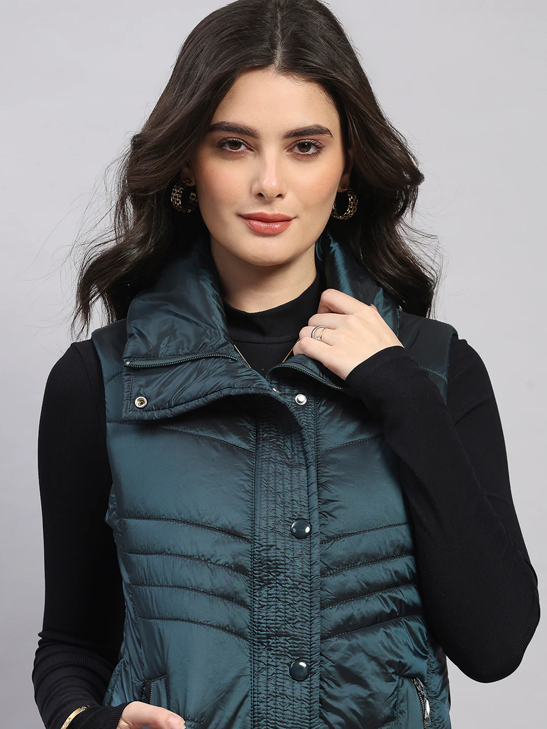 Women Teal Blue Self Design Collar Sleeveless Jacket - Image 7