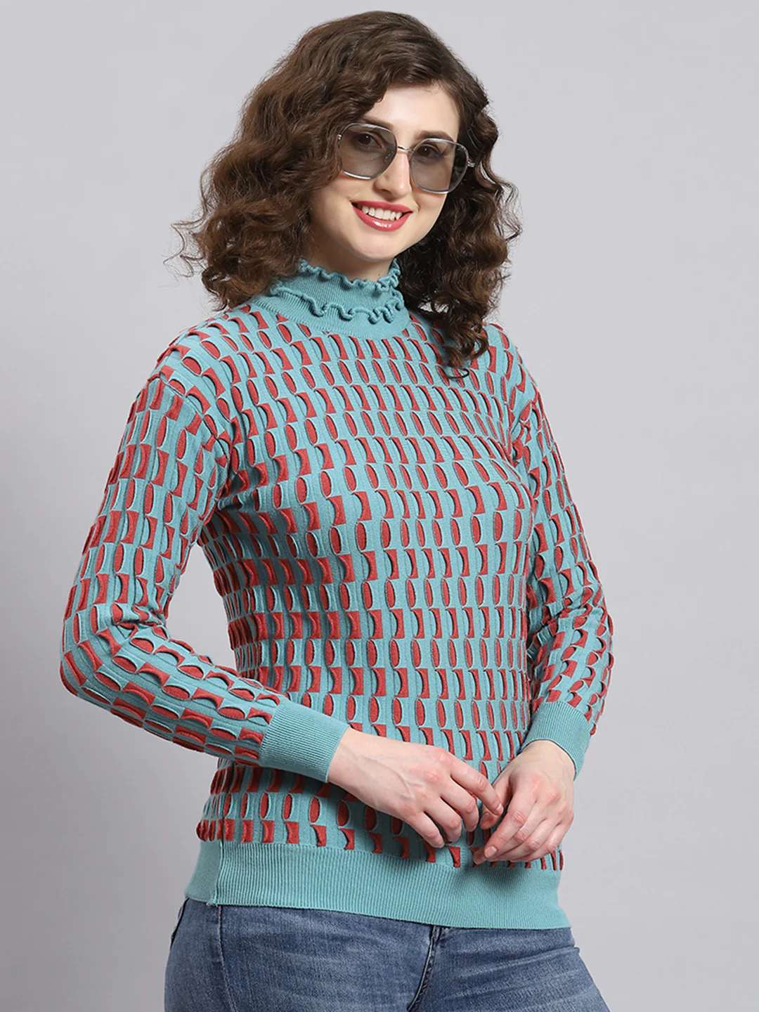 Women Teal Blue Self Design H Neck Full Sleeve Sweatshirt - Image 3