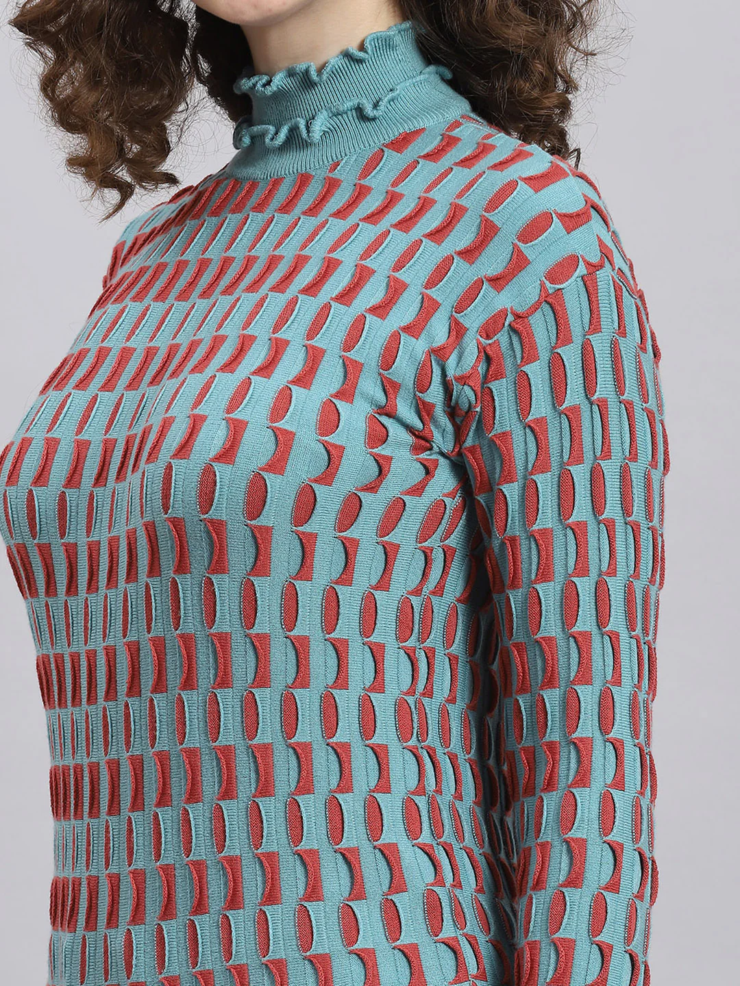 Women Teal Blue Self Design H Neck Full Sleeve Sweatshirt - Image 6