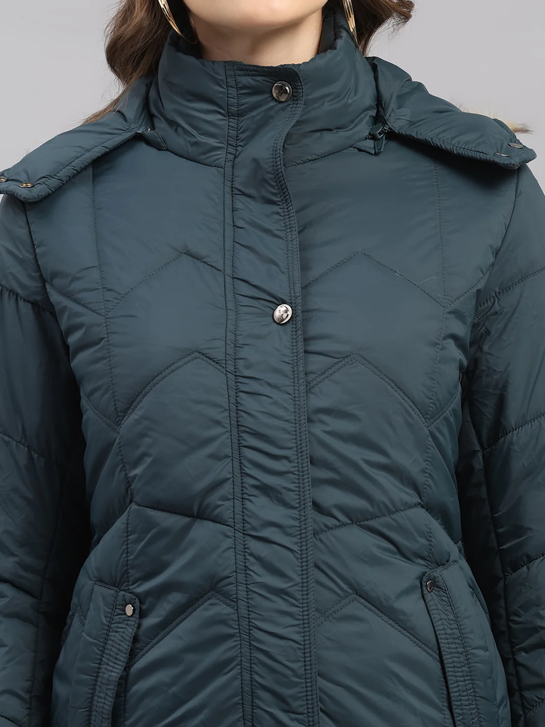 Women Teal Blue Self Design Hooded Full Sleeve Jacket - Image 6