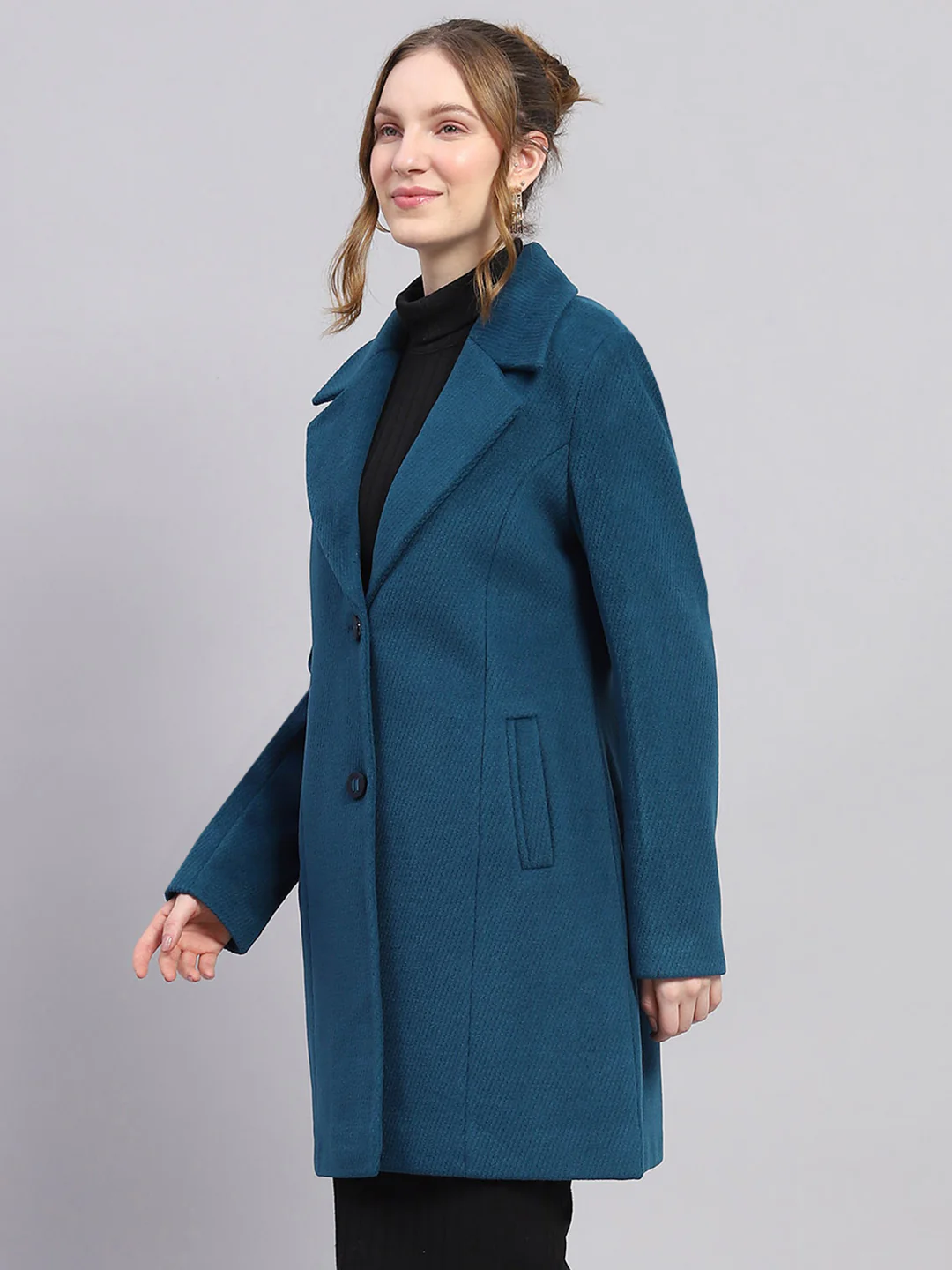 Women Teal Blue Self Design Notch lapel Collar Full Sleeve Coat - Image 3