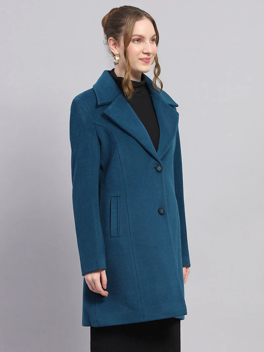 Women Teal Blue Self Design Notch lapel Collar Full Sleeve Coat - Image 4