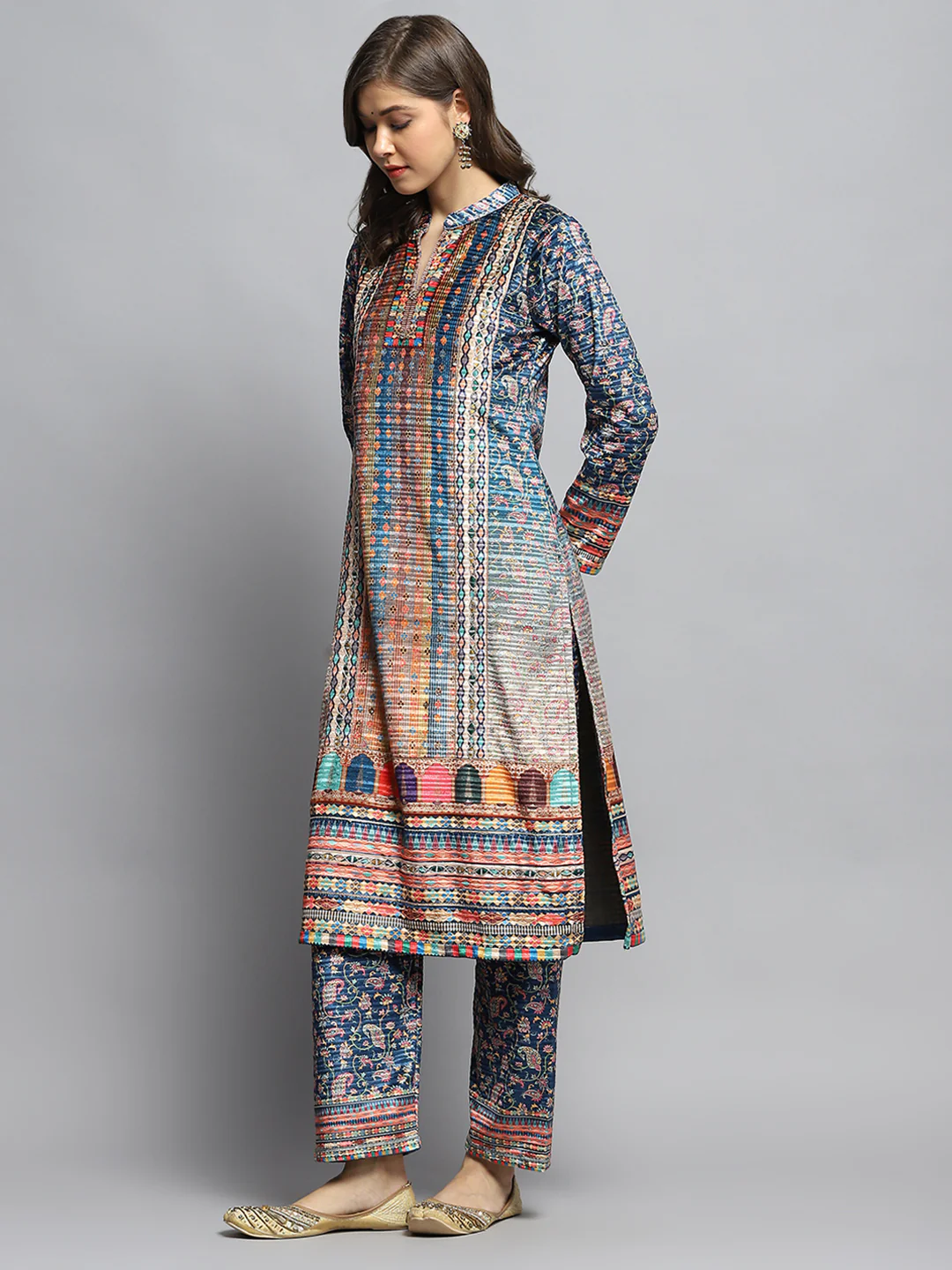 Women Teal Blue Self Design Round Neck Full Sleeve Kurti Set with Bag - Image 5