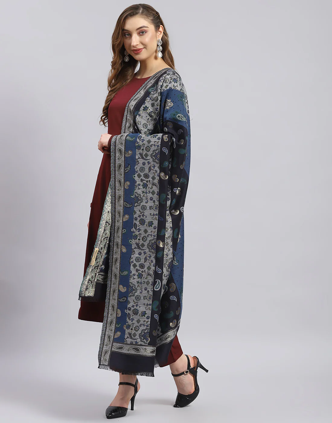Women Teal Blue Self Design Shawl - Image 4