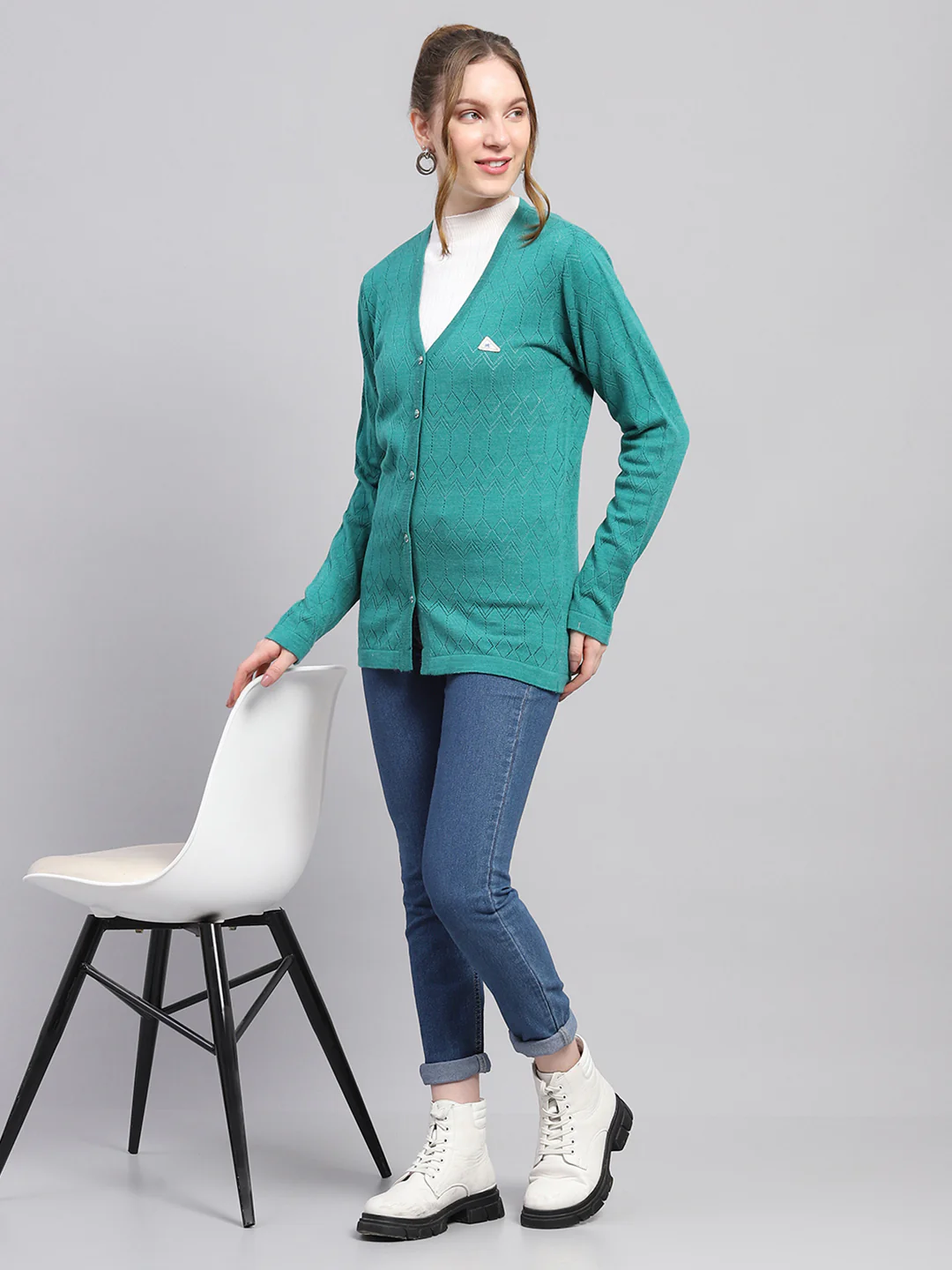 Women Teal Blue Self Design V Neck Full Sleeve Cardigan - Image 2