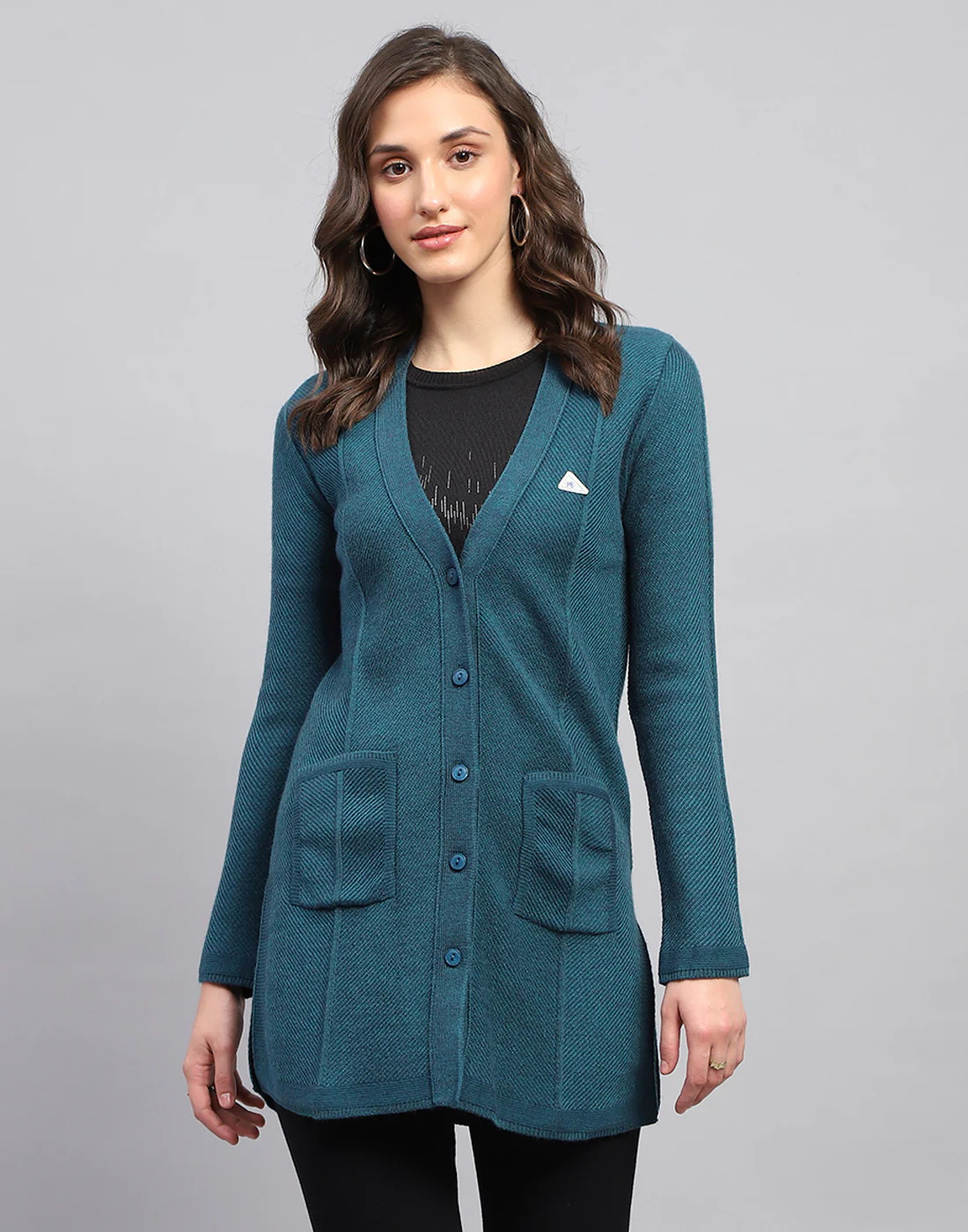 Women Teal Blue Self Design V Neck Full Sleeve Cardigan - Image 3
