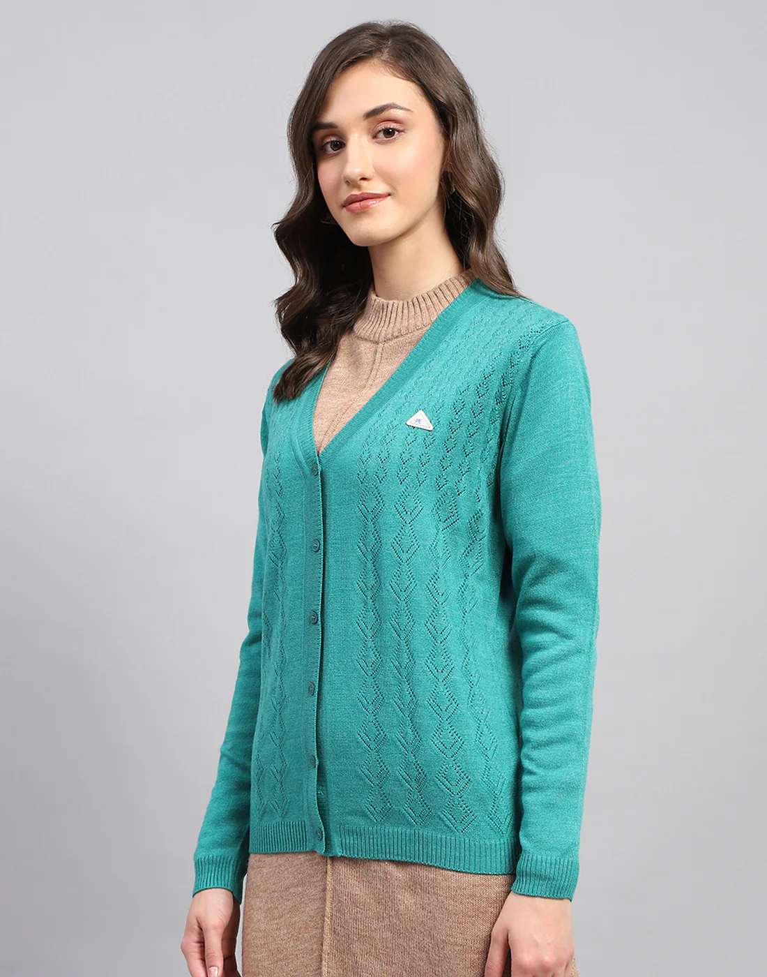Women Teal Blue Self Design V Neck Full Sleeve Cardigan - Image 4