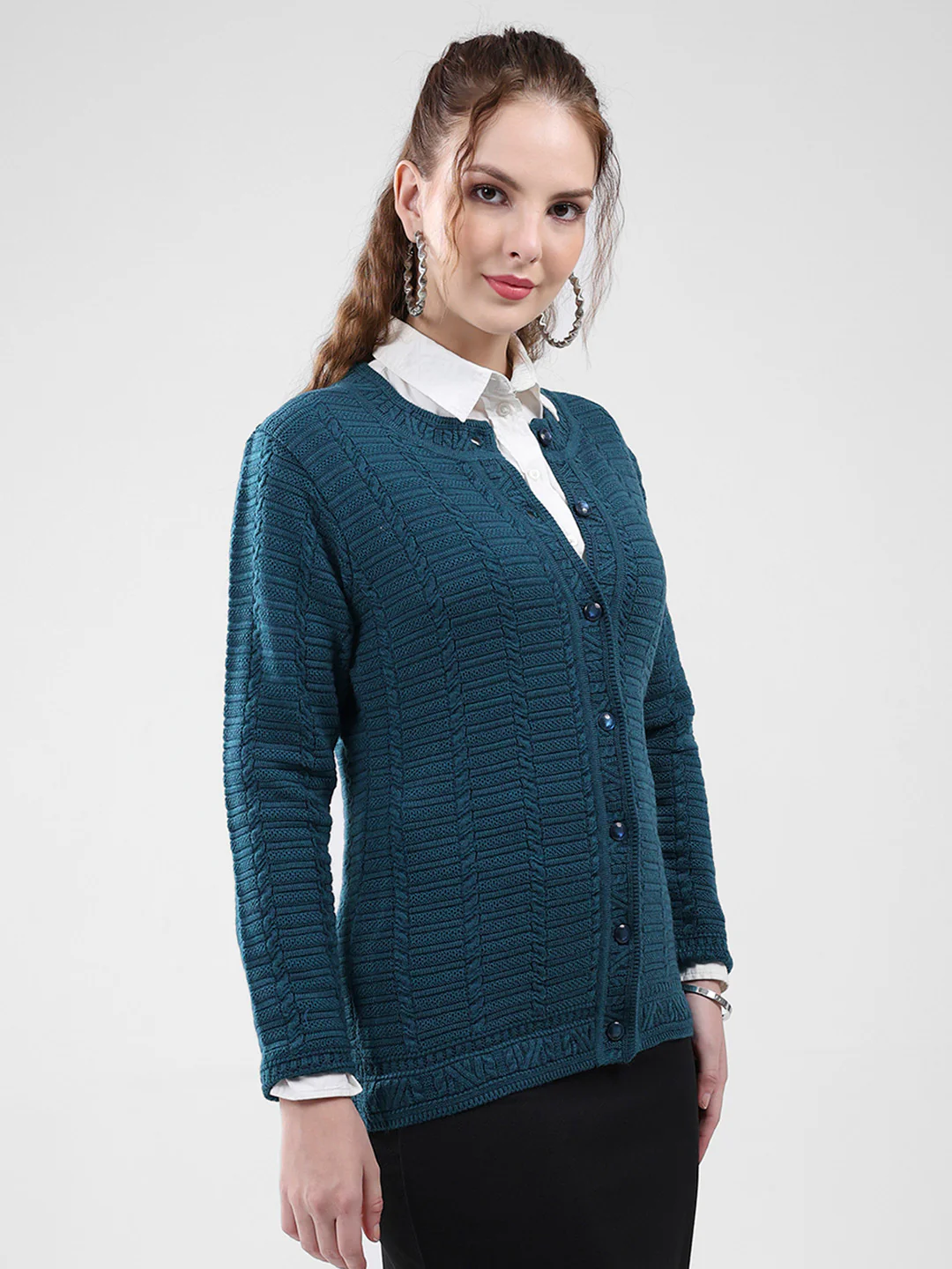 Women Teal Blue Self Design Round Neck Full Sleeve Cardigan - Image 4