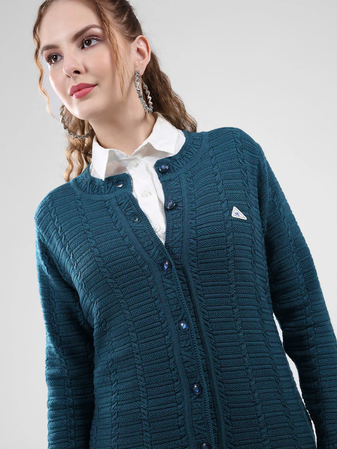 Women Teal Blue Self Design Round Neck Full Sleeve Cardigan - Image 6