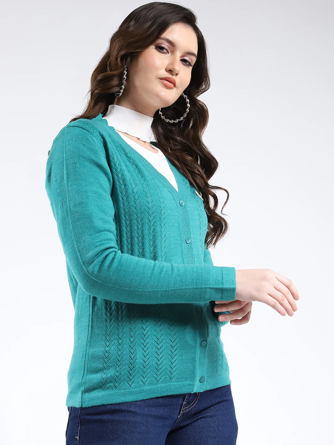Women Teal Blue Self Design V Neck Full Sleeve Cardigan - Image 4