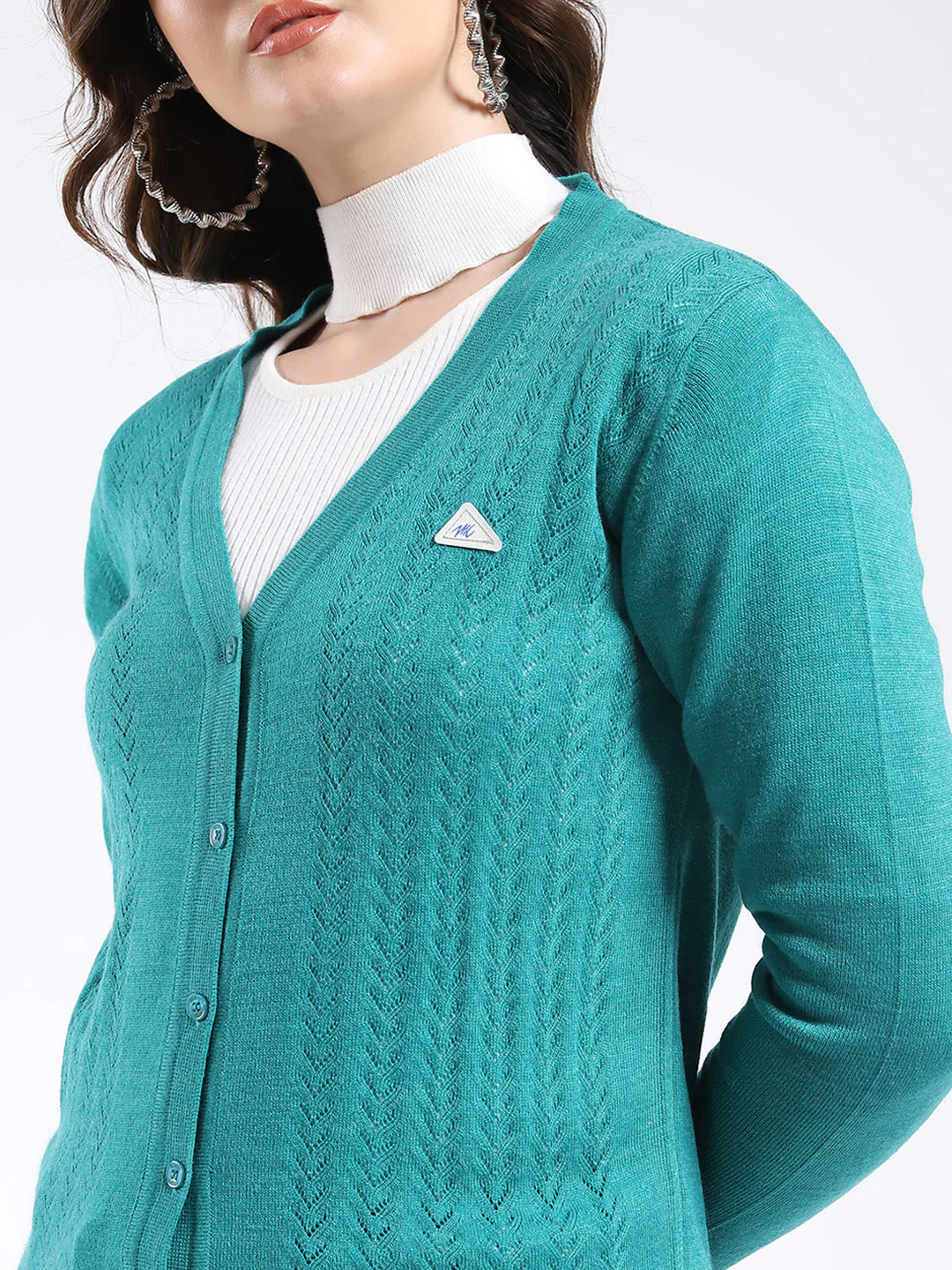 Women Teal Blue Self Design V Neck Full Sleeve Cardigan - Image 6