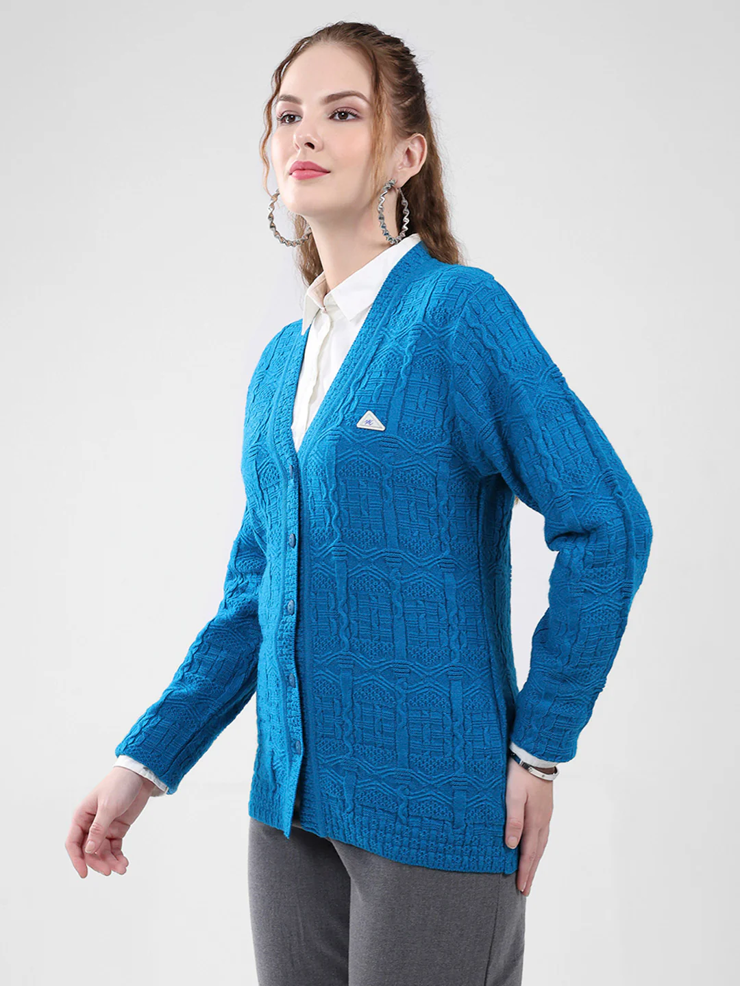 Women Teal Blue Self Design V Neck Full Sleeve Cardigan - Image 3