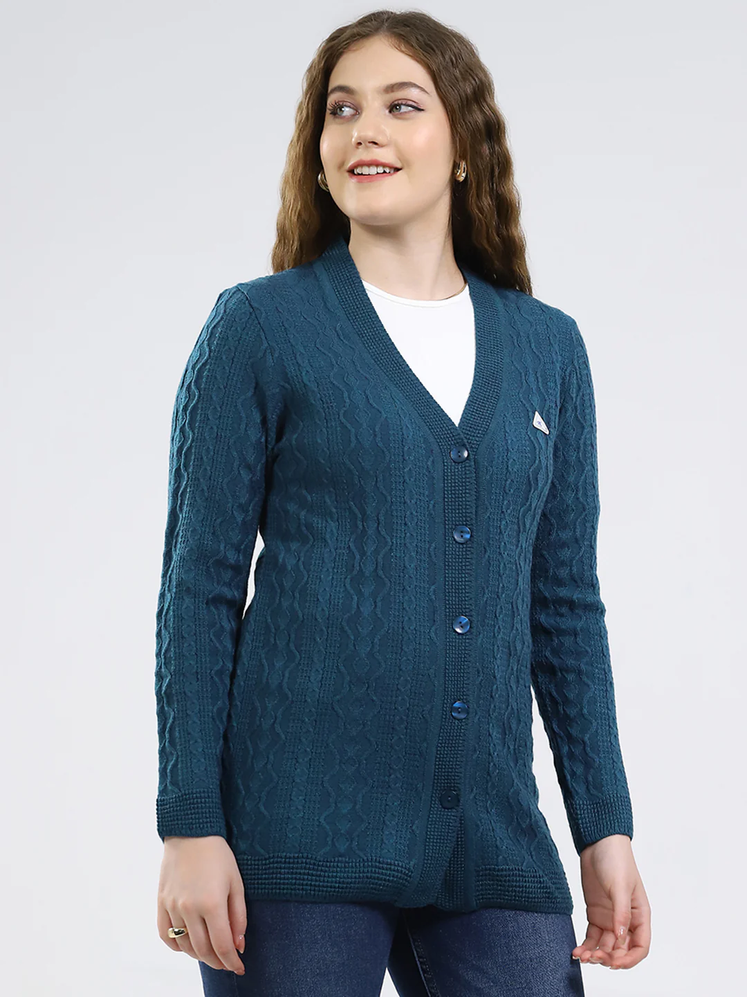 Women Teal Blue Self Design V Neck Full Sleeve Cardigan - Image 4