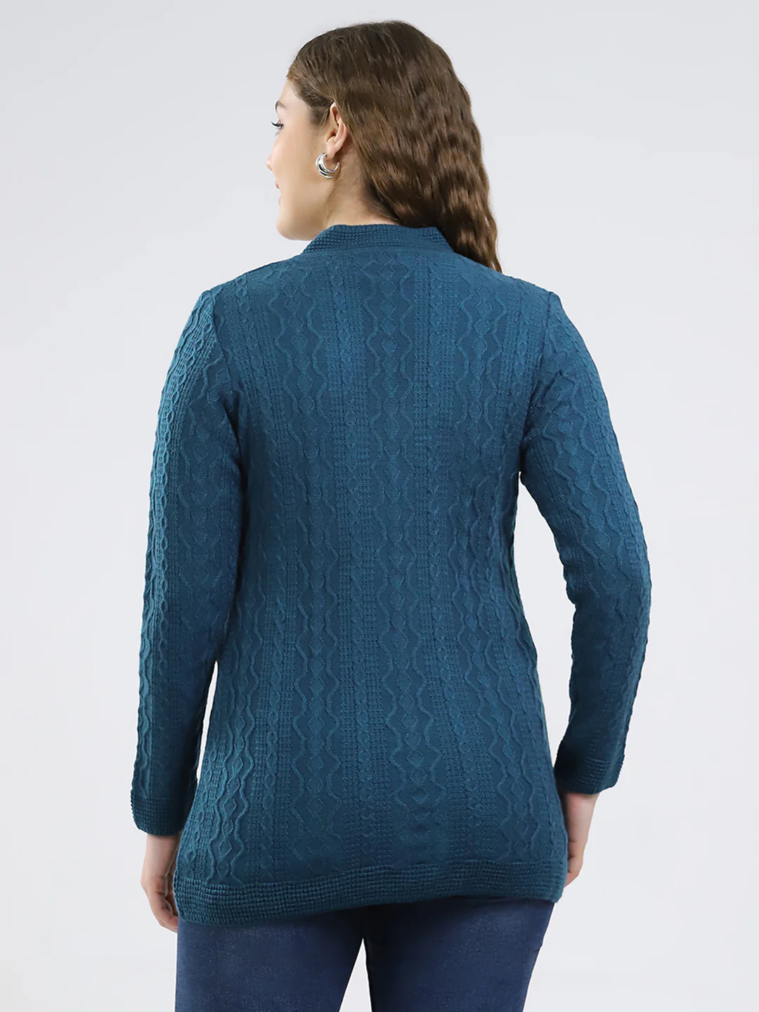 Women Teal Blue Self Design V Neck Full Sleeve Cardigan - Image 5