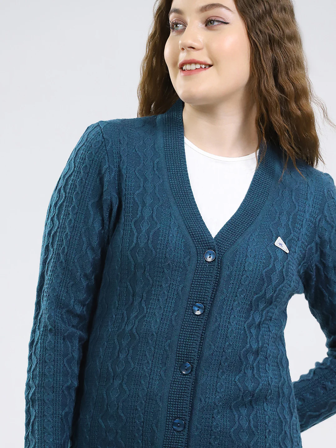 Women Teal Blue Self Design V Neck Full Sleeve Cardigan - Image 6