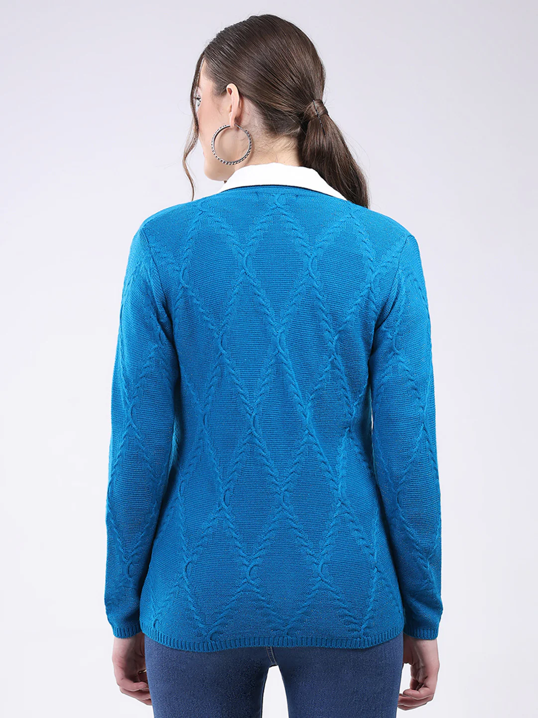 Women Teal Blue Self Design V Neck Full Sleeve Cardigan - Image 5