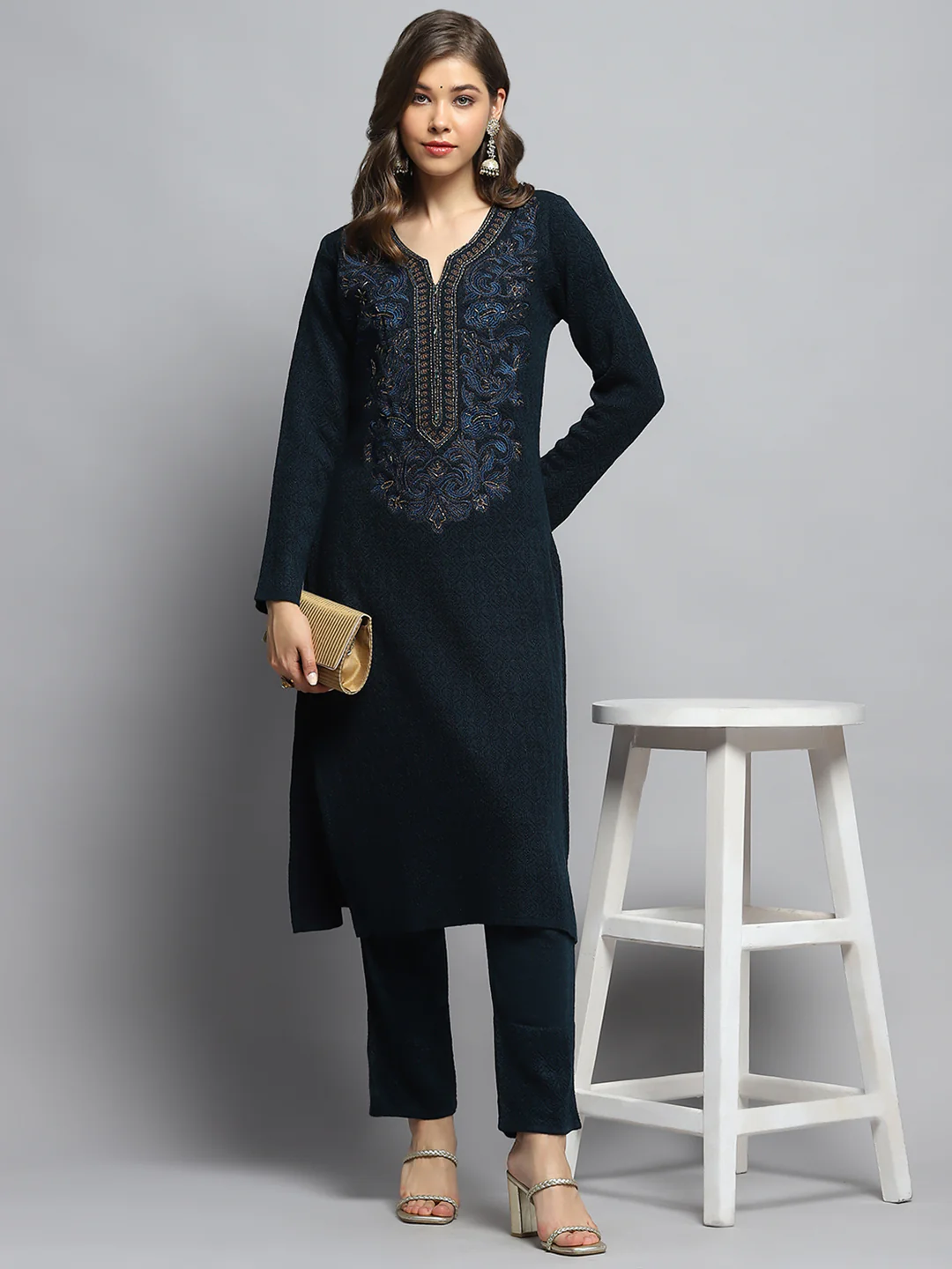 Women Teal Blue Self Design V Neck Full Sleeve Kurti Set - Image 2