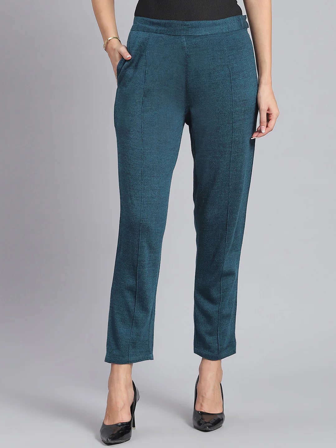 Women Teal Blue Self Design Regular Fit Winter Lowers - Image 3