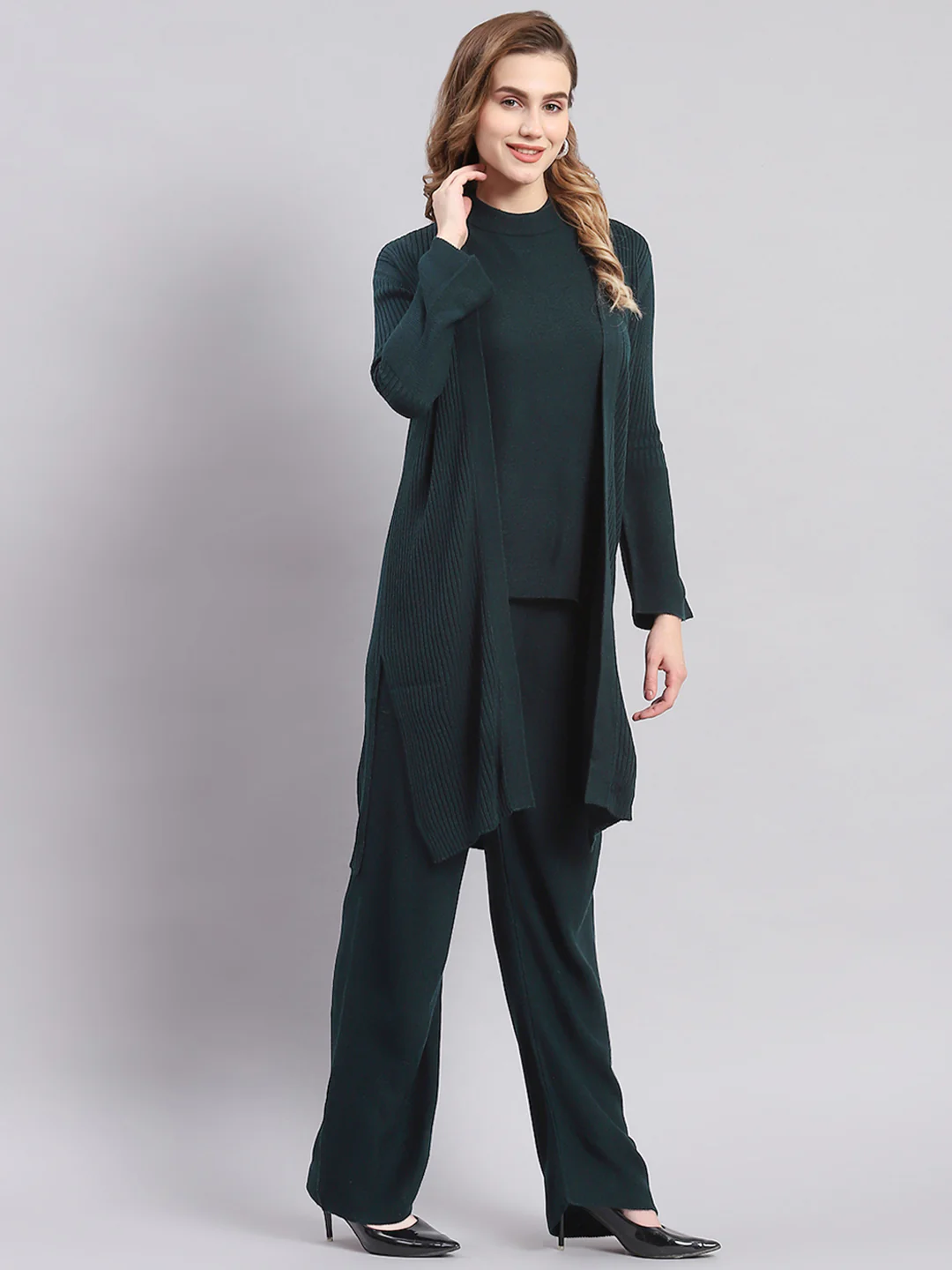 Women Teal Blue Self Design Round Neck Full Sleeve Cords Set - Image 4