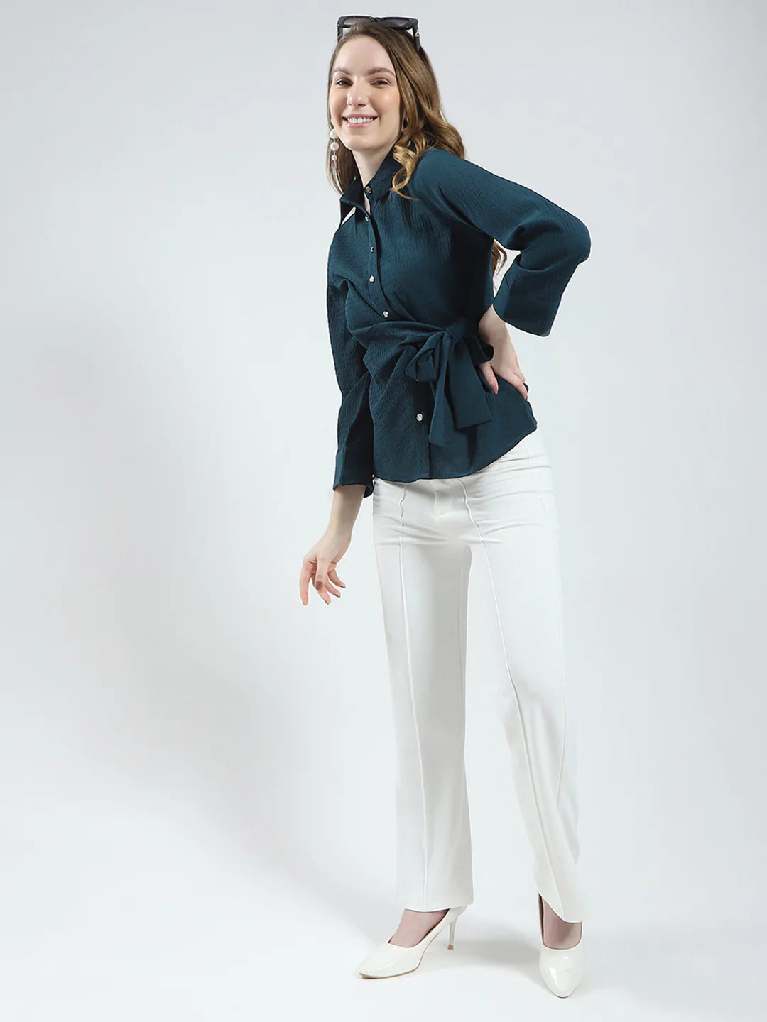 Women Teal Blue Solid Collar 3/4th Sleeve Top - Image 2
