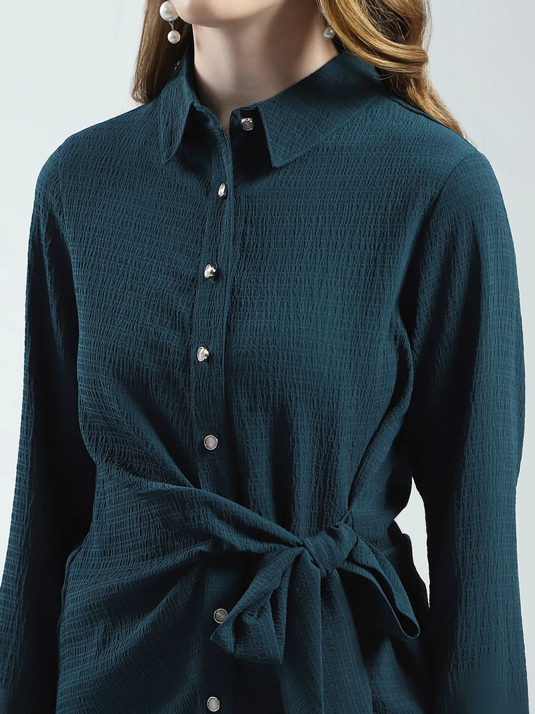 Women Teal Blue Solid Collar 3/4th Sleeve Top - Image 7