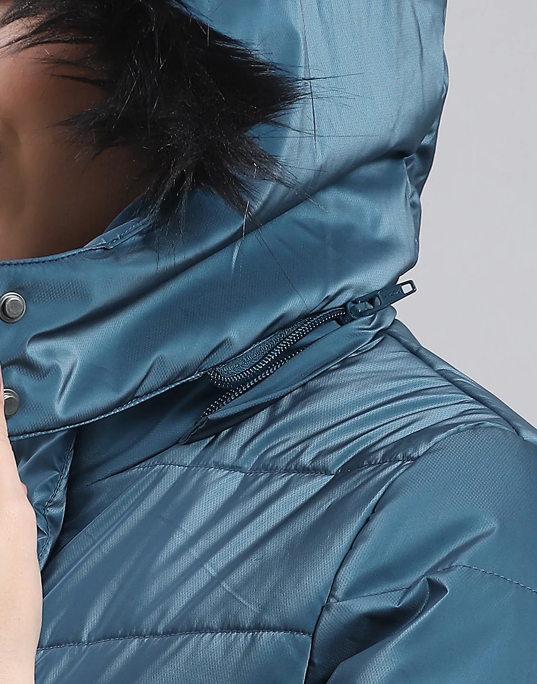 Women Teal Blue Solid Hooded Full Sleeve Jacket - Image 7