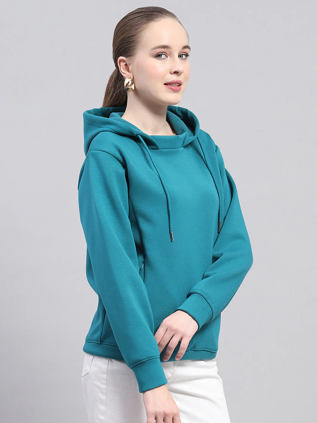 Women Teal Blue Solid Hooded Full Sleeve Sweatshirt - Image 4