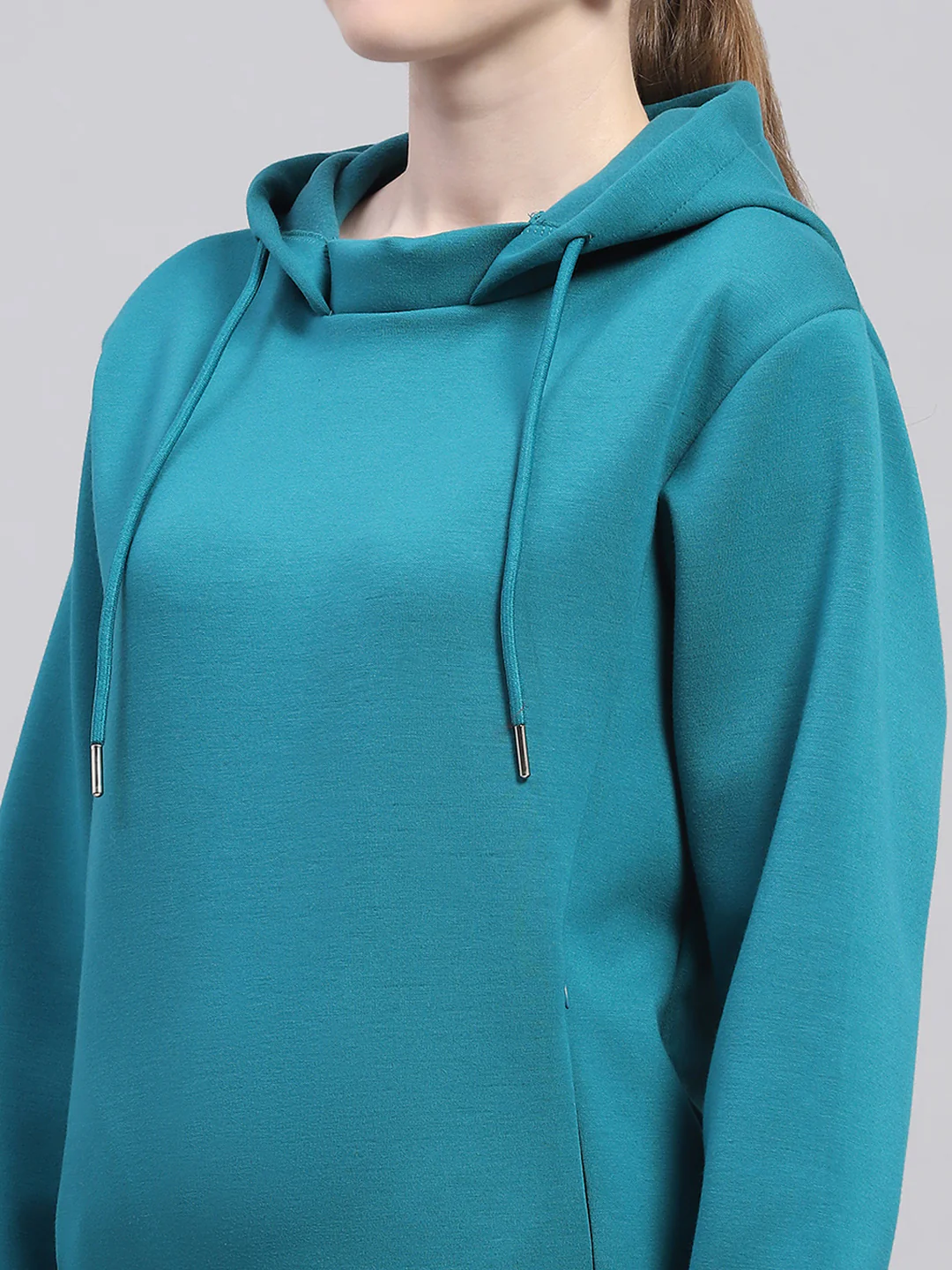 Women Teal Blue Solid Hooded Full Sleeve Sweatshirt - Image 6