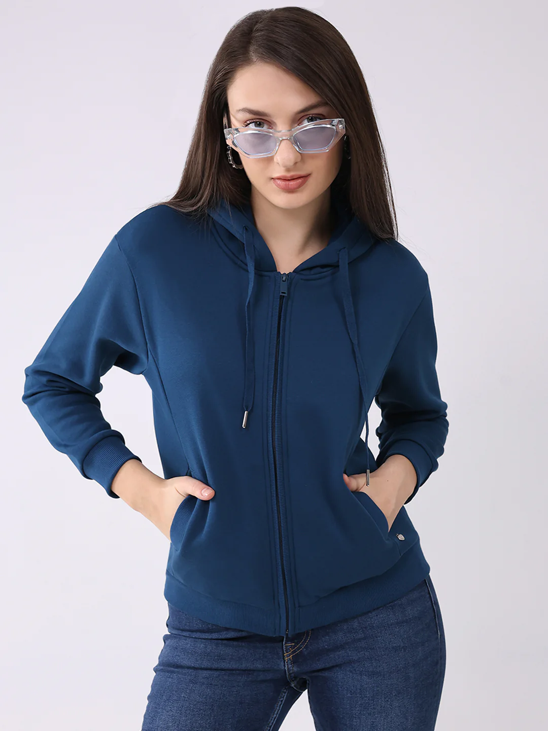 Women Teal Blue Solid Hooded Full Sleeve Sweatshirt - Image 6