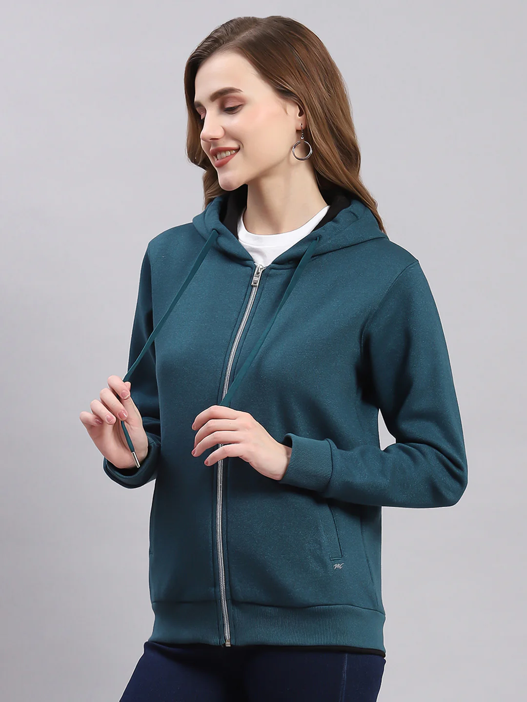 Women Teal Blue Solid Hooded Full Sleeve Sweatshirts - Image 3