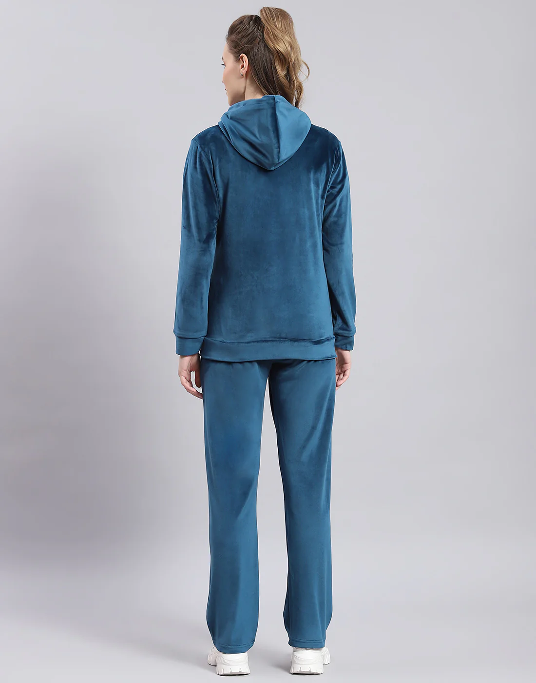 Women Teal Blue Solid Hooded Full Sleeve Tracksuit - Image 5
