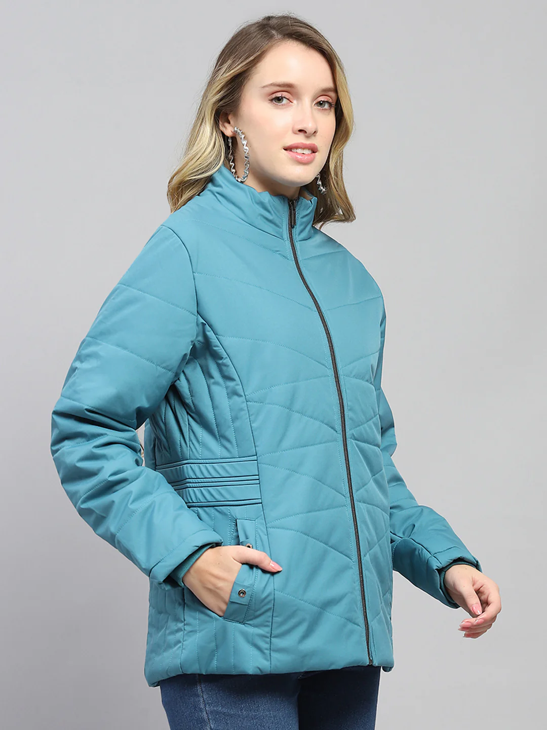Women Teal Blue Solid Mock Neck Full Sleeve Jacket - Image 4