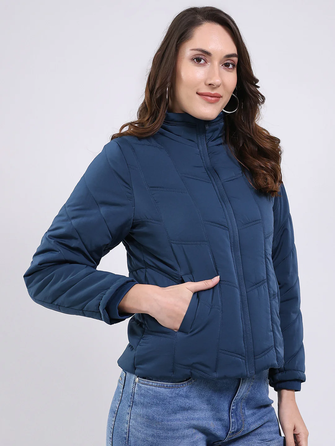 Women Teal Blue Solid Mock Neck Full Sleeve Jacket - Image 4