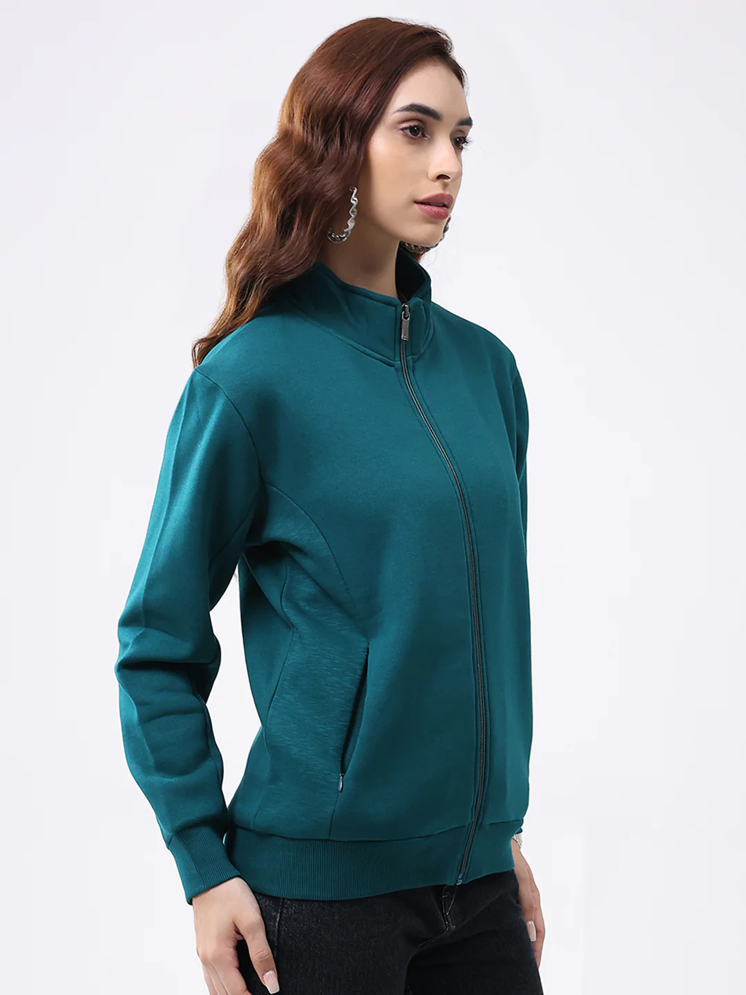 Women Teal Blue Solid Mock Neck Full Sleeve Sweatshirt - Image 4