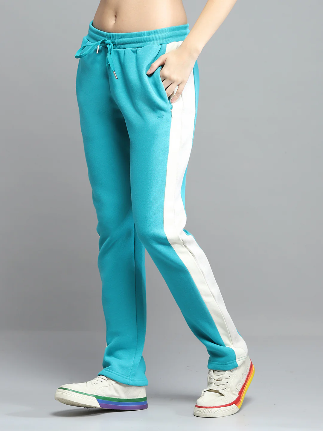 Women Teal Blue Solid Mock Neck Full Sleeve Tracksuit - Image 7