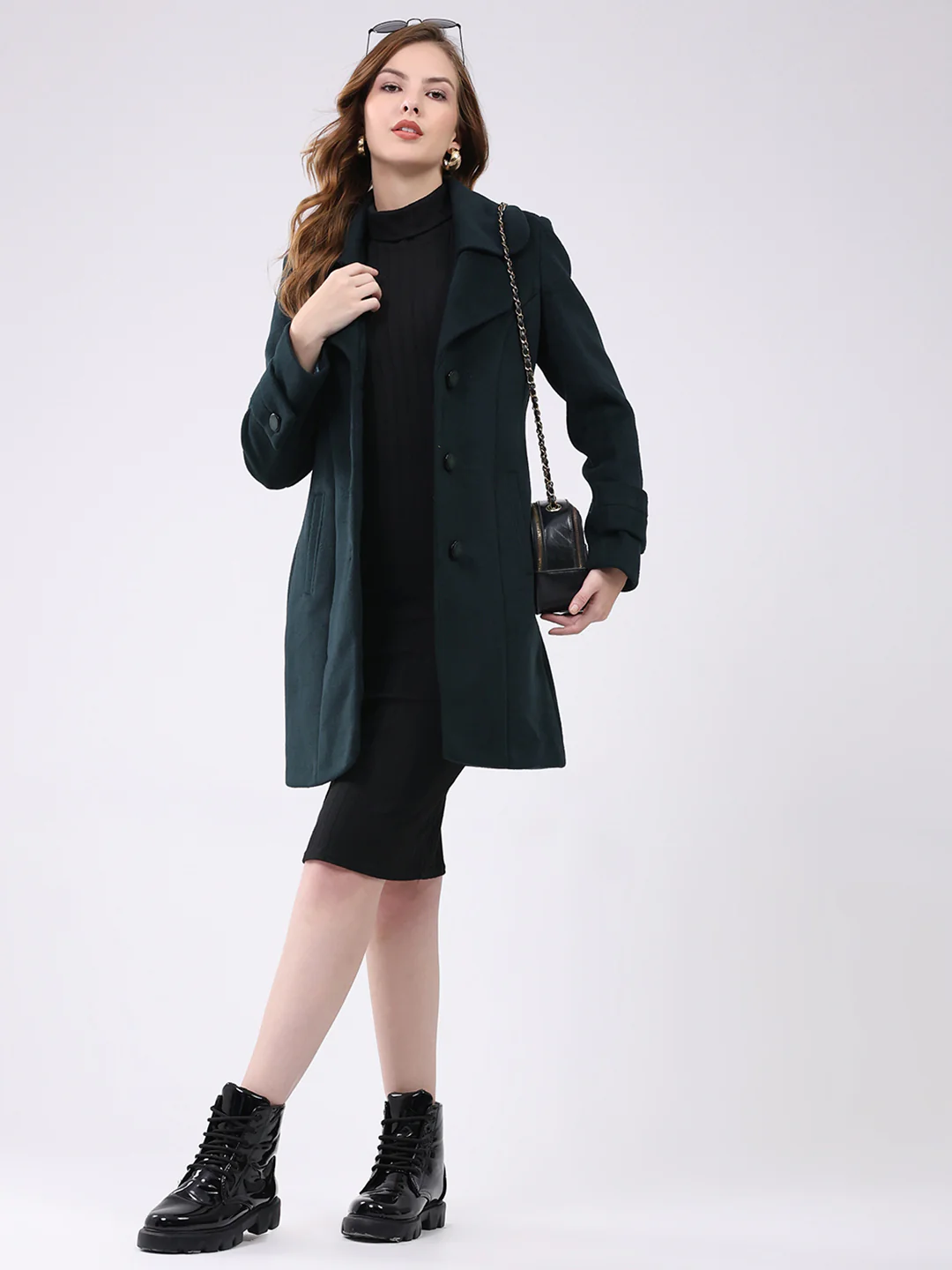 Women Teal Blue Solid Notch Lapel Collar Full Sleeve Coat - Image 2