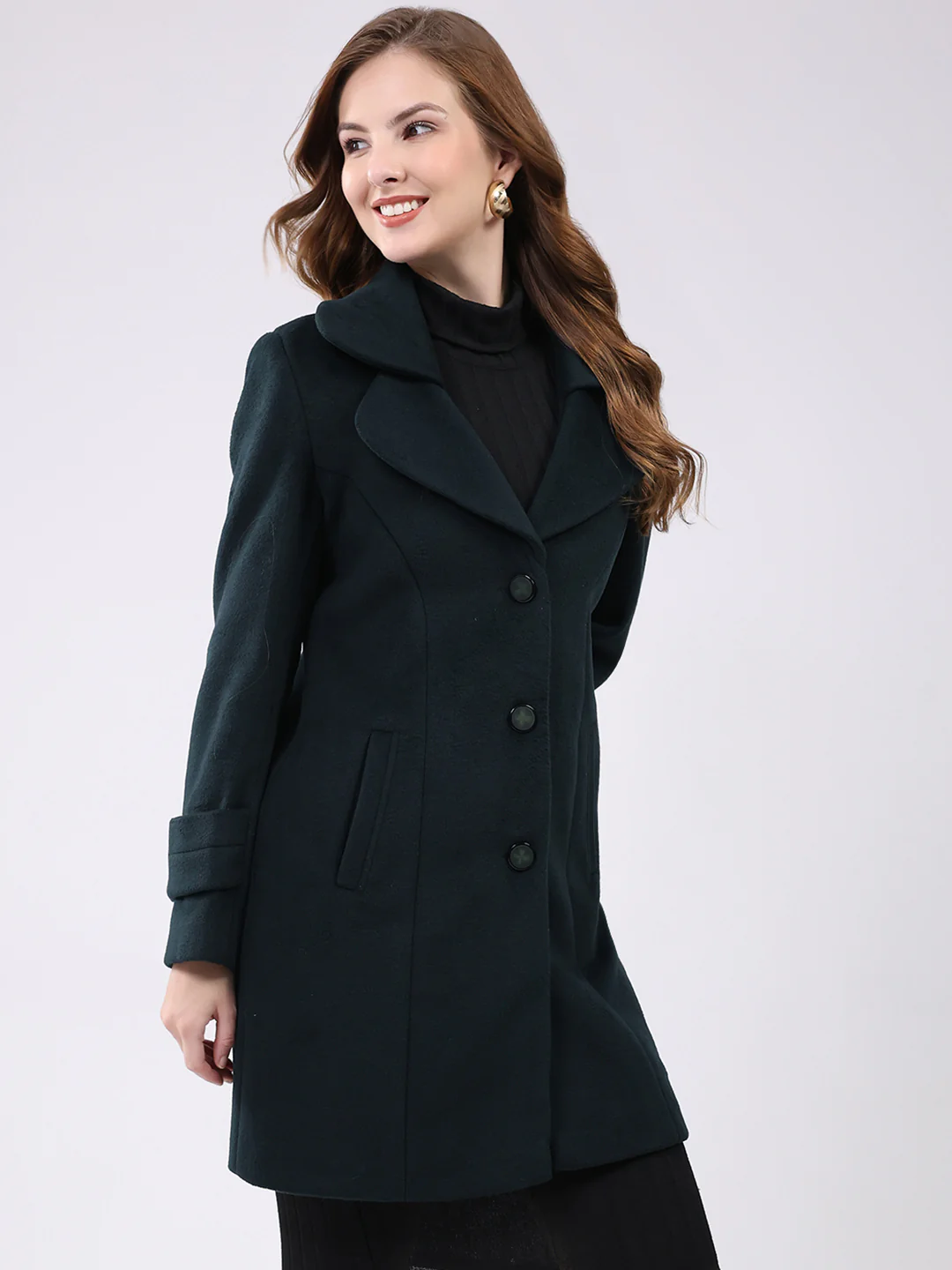Women Teal Blue Solid Notch Lapel Collar Full Sleeve Coat - Image 4