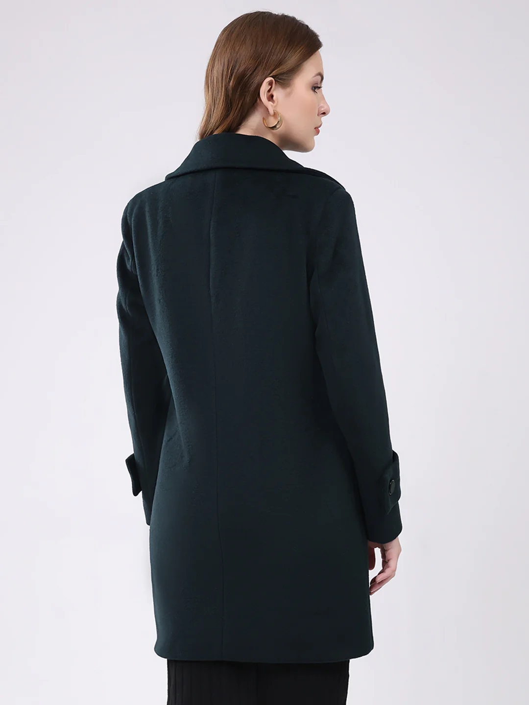 Women Teal Blue Solid Notch Lapel Collar Full Sleeve Coat - Image 5