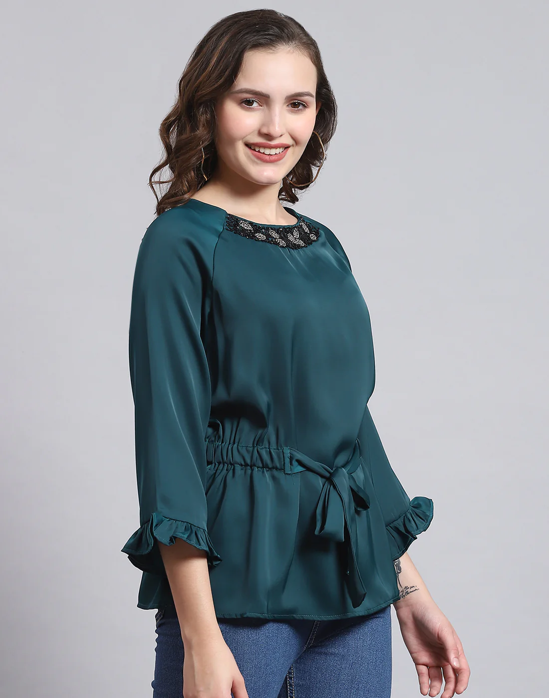 Women Teal Blue Solid Round Neck 3/4 Sleeve Top - Image 4