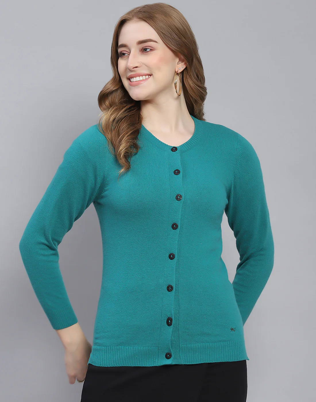 Women Teal Blue Solid Round Neck Full Sleeve Cardigan - Image 2