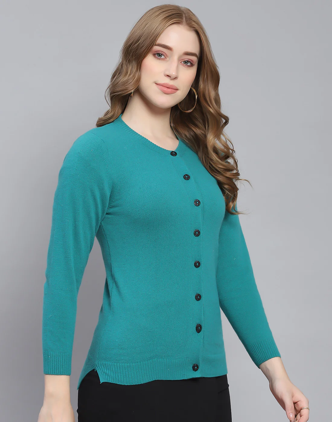 Women Teal Blue Solid Round Neck Full Sleeve Cardigan - Image 4