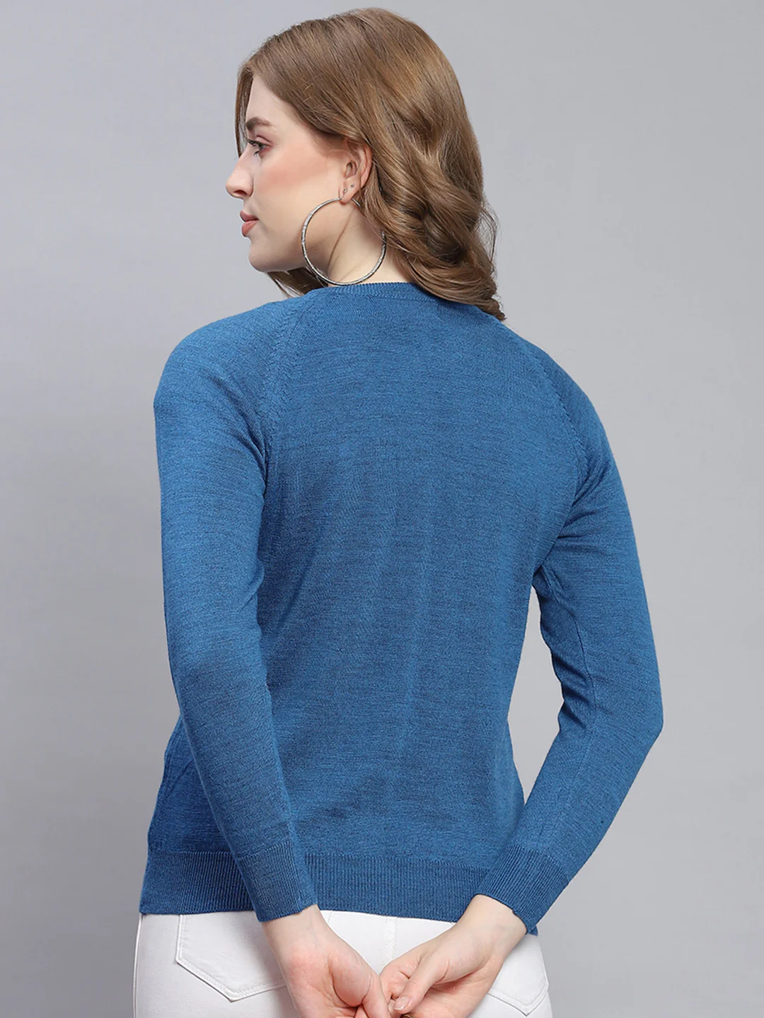 Women Teal Blue Solid Round Neck Full Sleeve Cardigans - Image 5