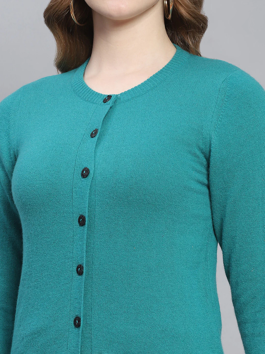 Women Teal Blue Solid Round Neck Full Sleeve Cardigans - Image 6