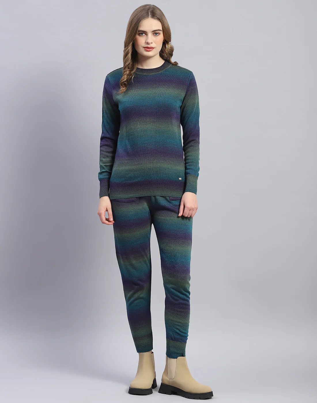 Women Teal Blue Solid Round Neck Full Sleeve Cords Set - Image 2