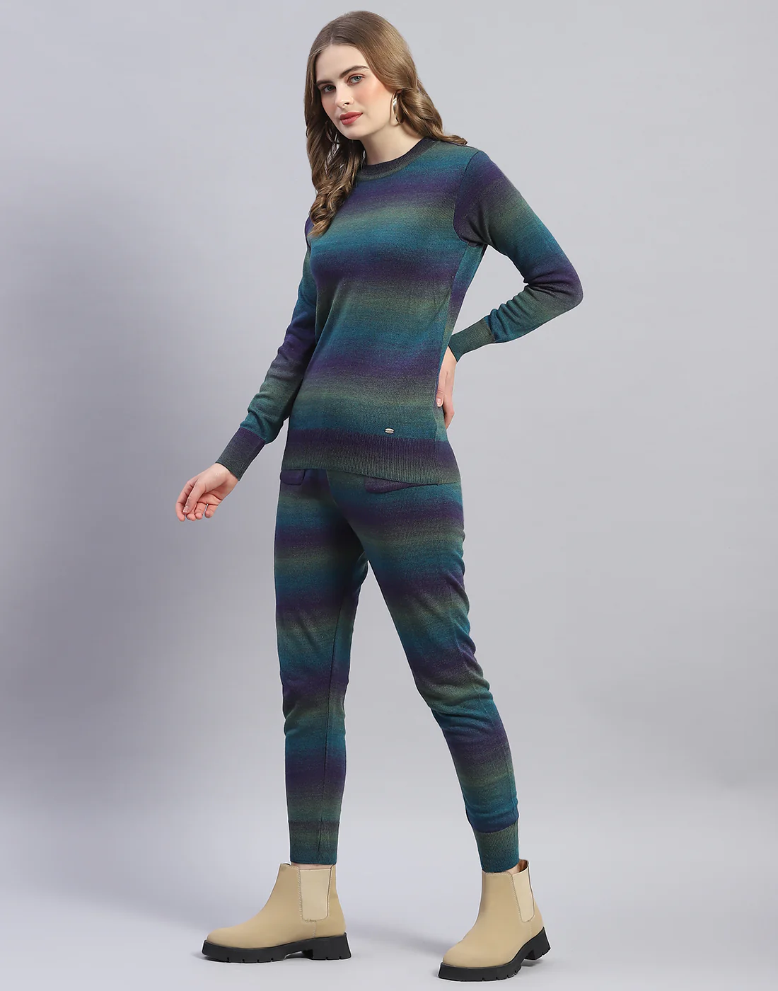 Women Teal Blue Solid Round Neck Full Sleeve Cords Set - Image 3