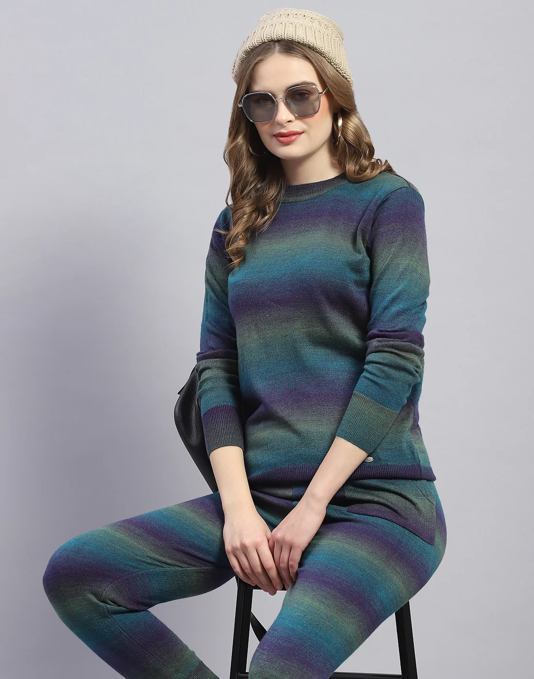 Women Teal Blue Solid Round Neck Full Sleeve Cords Set - Image 6
