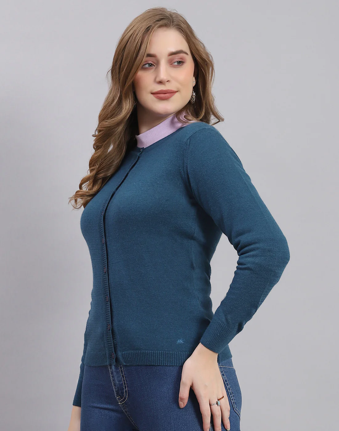 Women Teal Blue Solid Round Neck Full Sleeve Sweater - Image 3