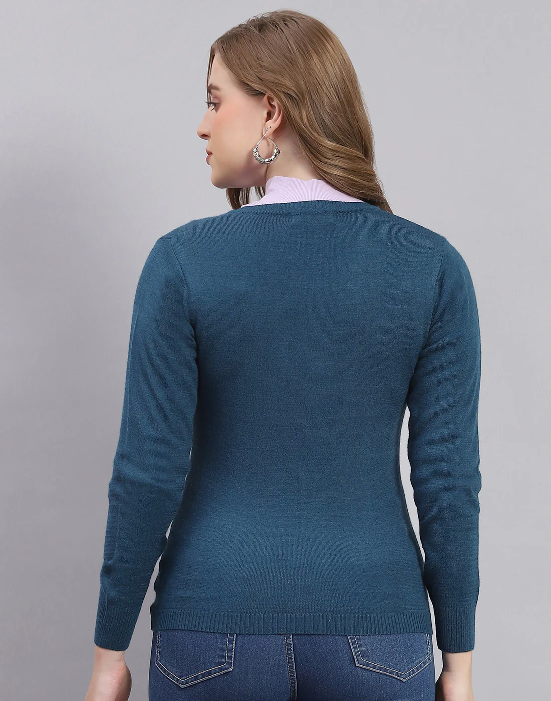 Women Teal Blue Solid Round Neck Full Sleeve Sweater - Image 5